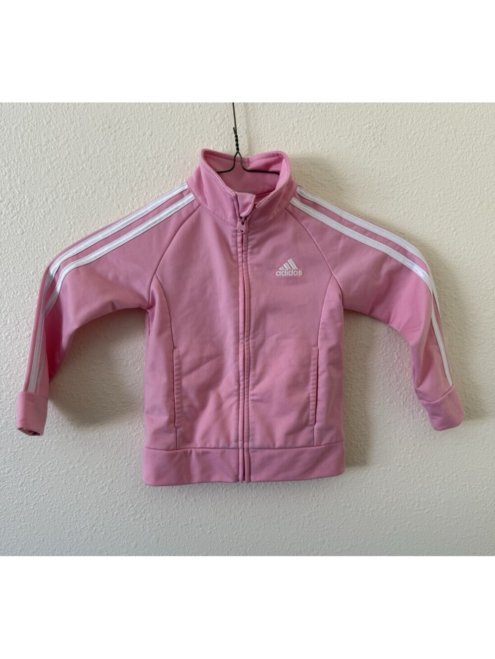 Adidas Girls Track Jacket Size 4 Pink & White Logo Pockets Full Zip